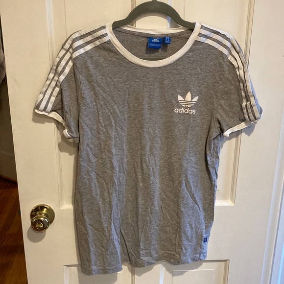Adidas S grey teeshirt with white stripes. EUC - Picture 1 of 3